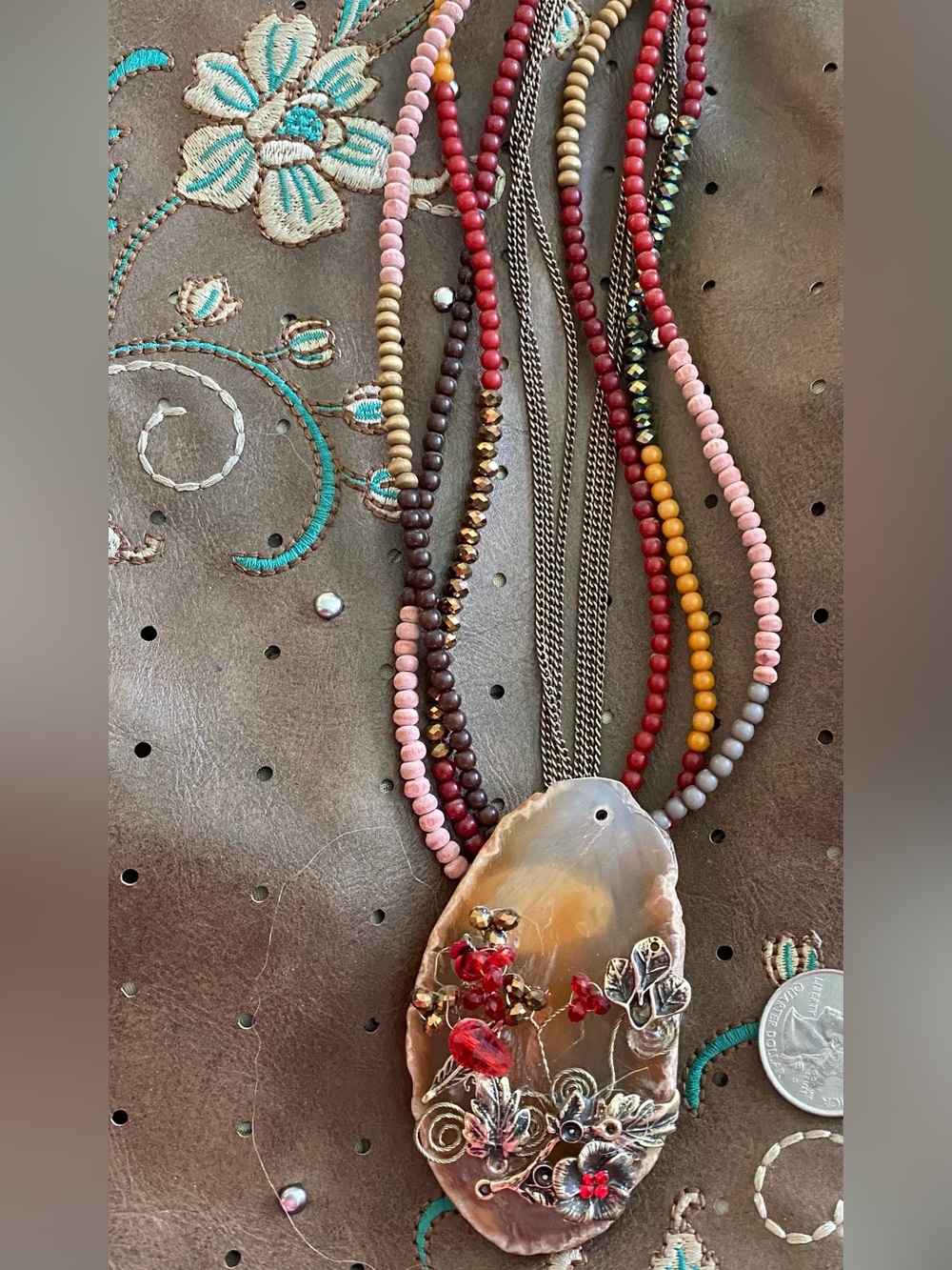 Multi-Strand Beaded Necklace with Agate Pendant - Pink, Red, Brown, Gold Accents